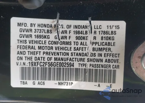 2016 Honda Civic Lx z USA, uszkodzony, nr VIN 19XFC2F56GE002594